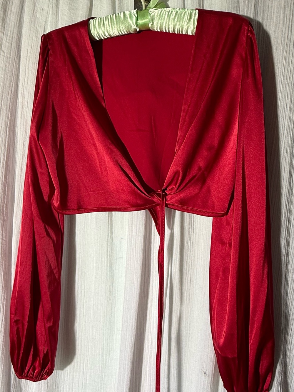 Red Long-Sleeve Satin Tie-Front Crop Top